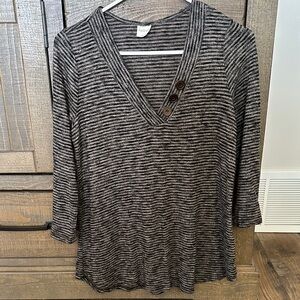 Kaileigh Charcoal/Brownish and Black Striped V-Neck Long Sleeve